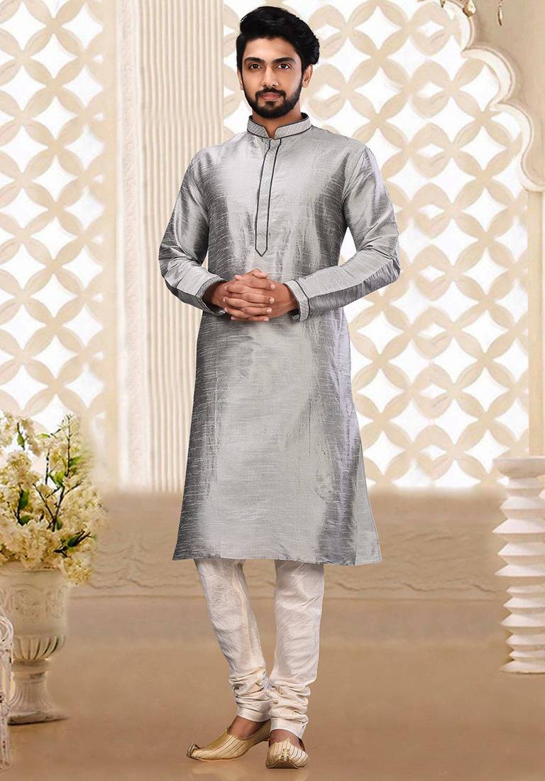Grey dupion art silk  kurta with machine dk work in collar and button line