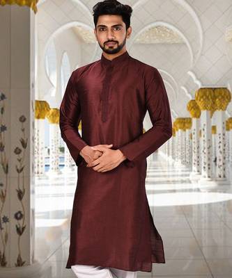 Mahroon dupion art silk  kurta with machine dk work in collar and button line 1
