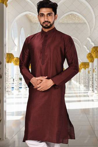 Mahroon dupion art silk  kurta with machine dk work in collar and button line