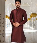 Mahroon dupion art silk  kurta with machine dk work in collar and button line