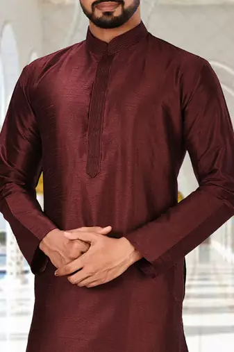 Mahroon dupion art silk  kurta with machine dk work in collar and button line