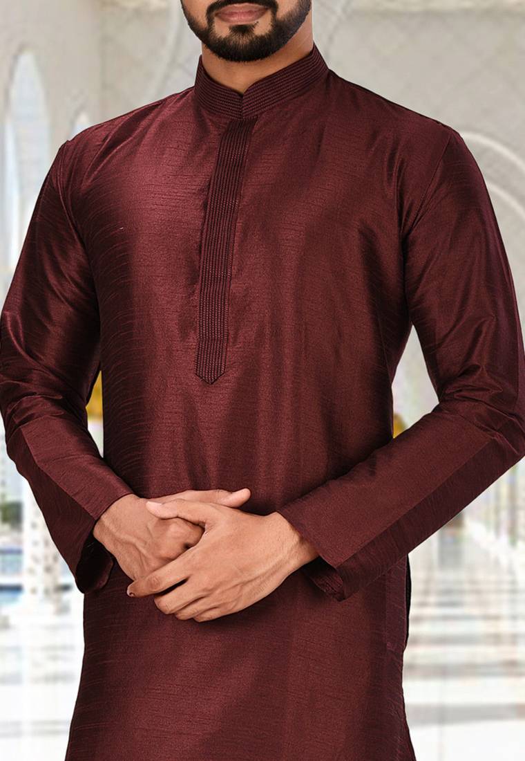 Mahroon dupion art silk  kurta with machine dk work in collar and button line