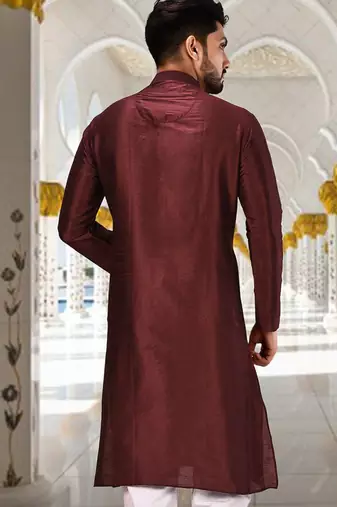 Mahroon dupion art silk  kurta with machine dk work in collar and button line
