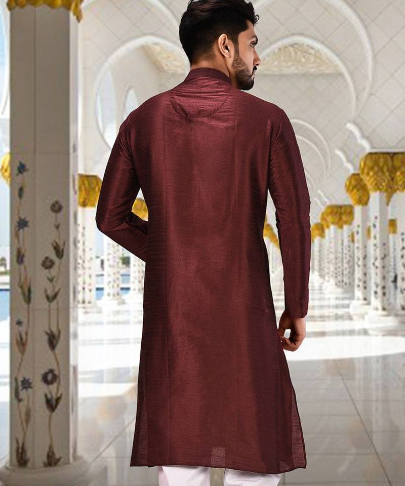 Mahroon dupion art silk  kurta with machine dk work in collar and button line
