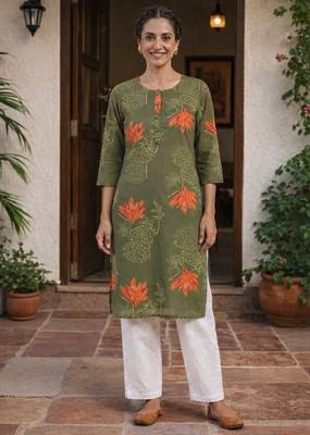 Saka Designs Olive Green Printed Cotton Kurti 1