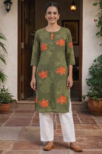 Olive green printed cotton kurti