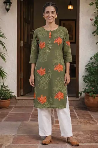 Olive green printed cotton kurti