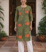 Olive green printed cotton kurti