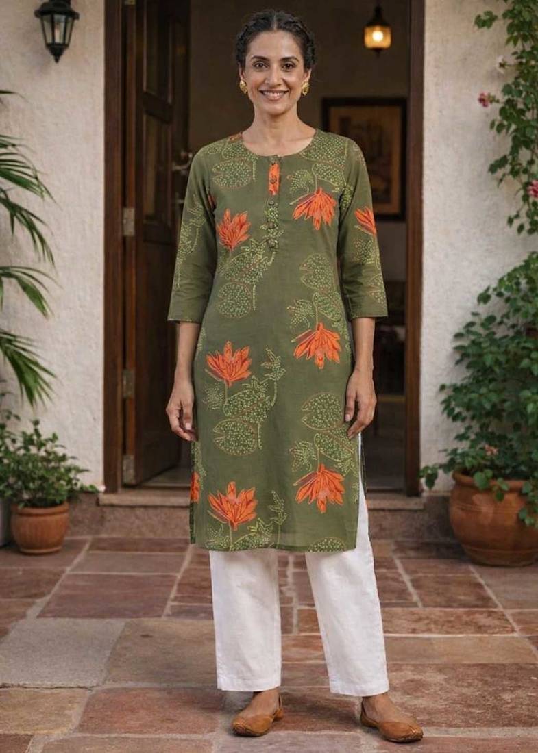 Olive green printed cotton kurti