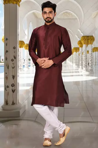 Mahroon dupion art silk  kurta with machine dk work in collar and button line