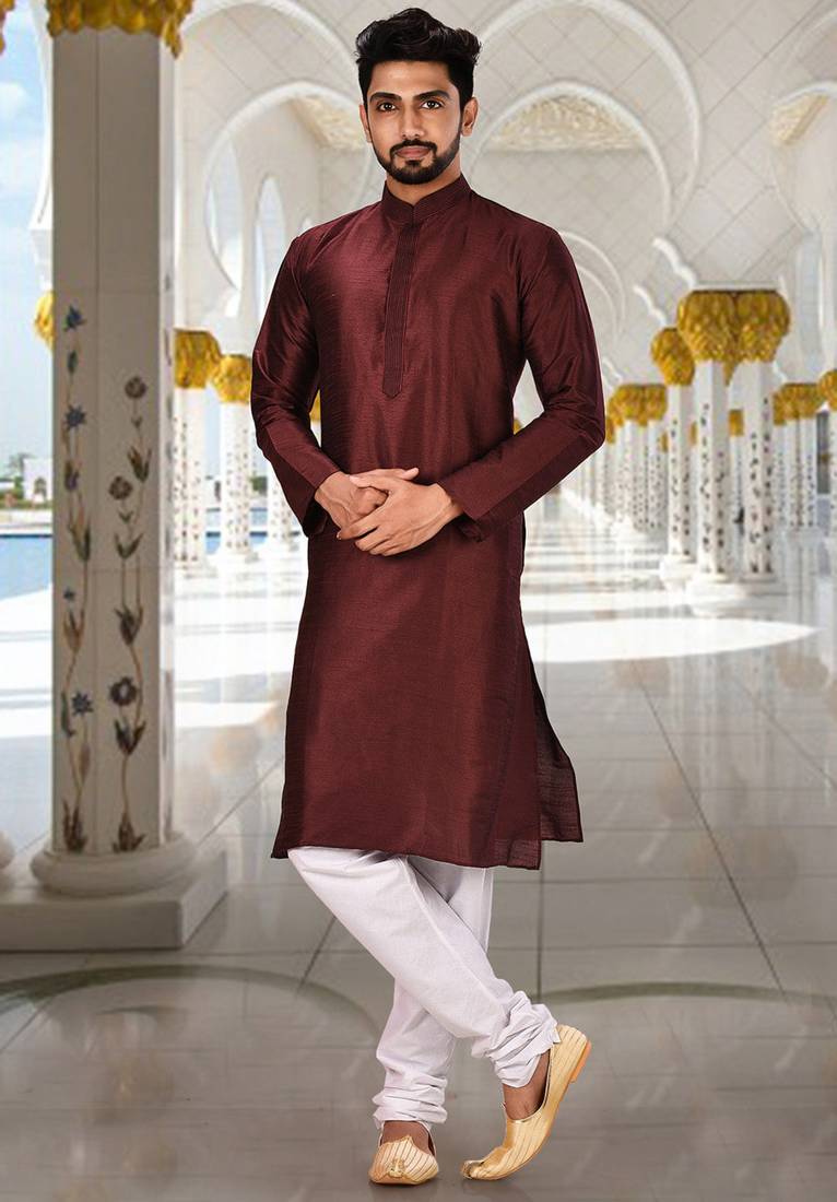 Mahroon dupion art silk  kurta with machine dk work in collar and button line
