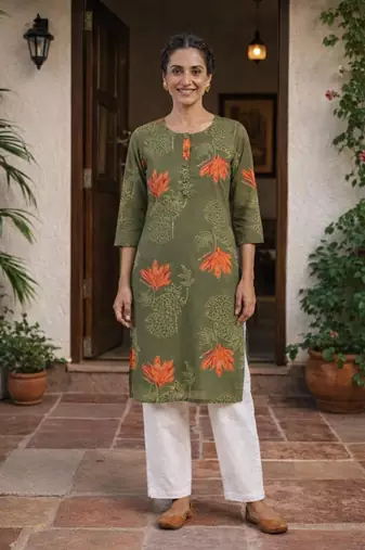 Saka Designs Olive Green Printed Cotton Kurti