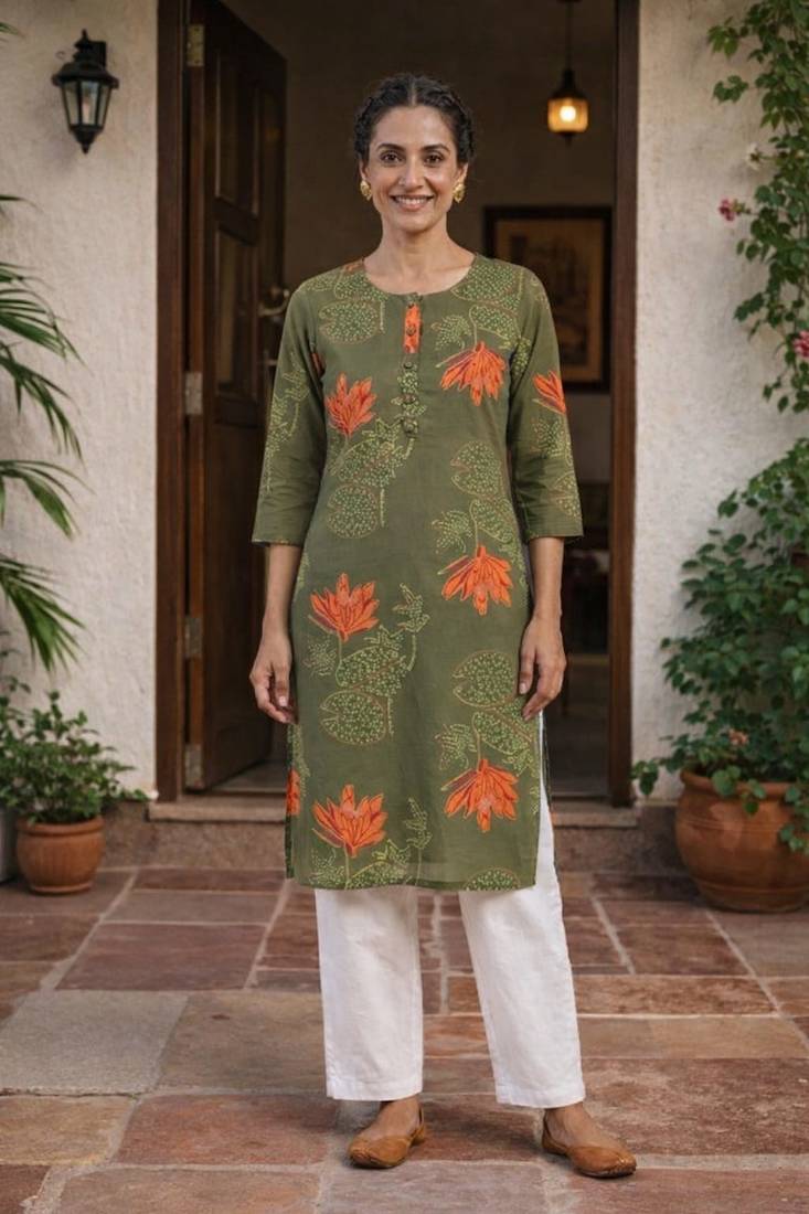 Olive green printed cotton kurti