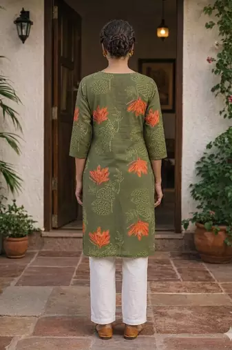 Saka Designs Olive Green Printed Cotton Kurti