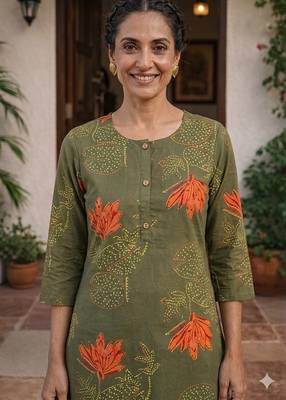 Saka Designs Olive Green Printed Cotton Kurti 4