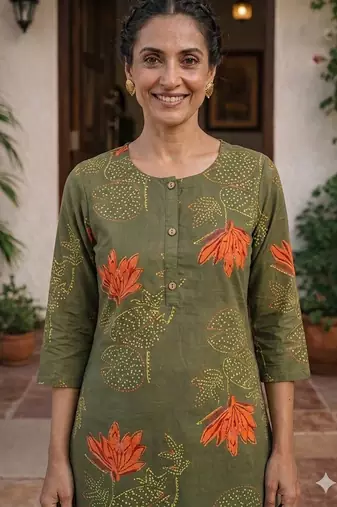 Saka Designs Olive Green Printed Cotton Kurti