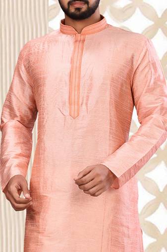 Pink dupion art silk  kurta with machine dk work in collar and button line