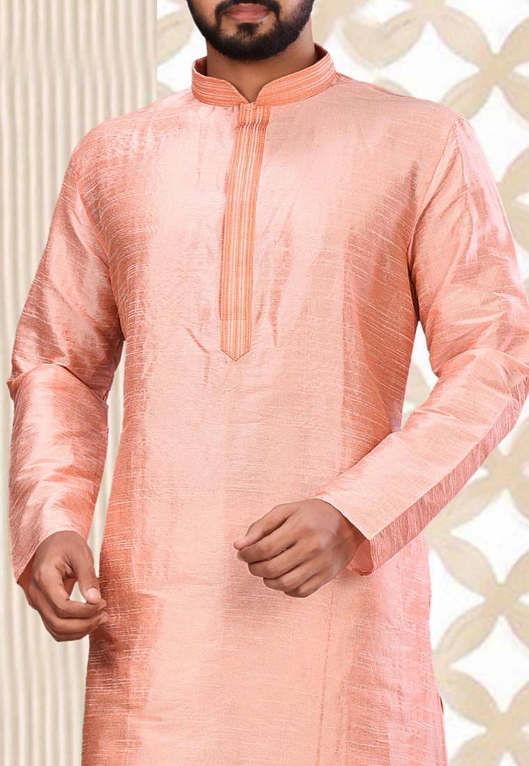 Pink dupion art silk  kurta with machine dk work in collar and button line
