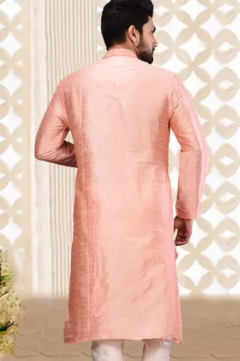 Pink dupion art silk  kurta with machine dk work in collar and button line
