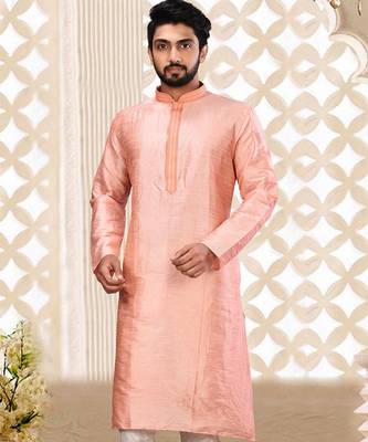 Pink dupion art silk  kurta with machine dk work in collar and button line 3