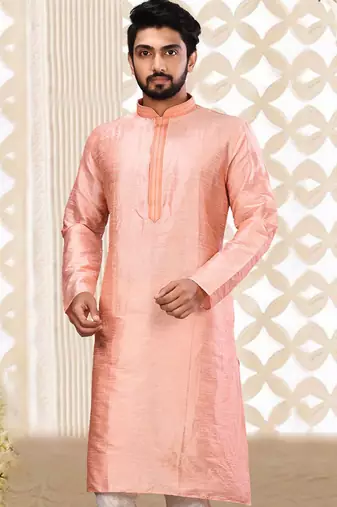 Pink dupion art silk  kurta with machine dk work in collar and button line