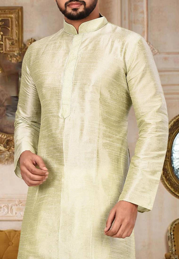 Sea green dupion art silk  kurta with machine dk work in collar and button line