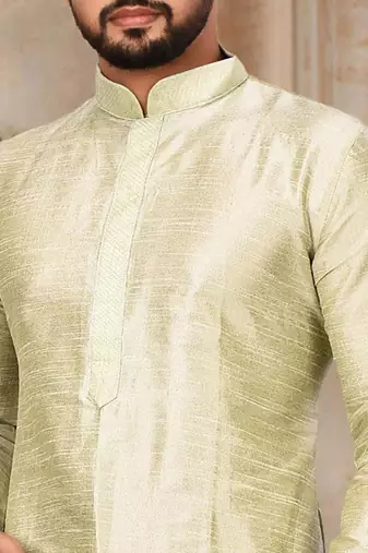 Sea green dupion art silk  kurta with machine dk work in collar and button line