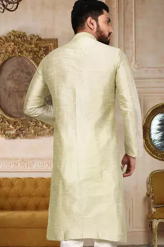 Sea green dupion art silk  kurta with machine dk work in collar and button line