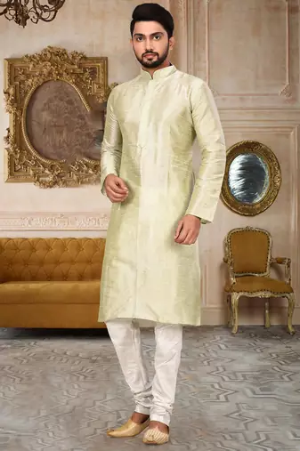 Sea green dupion art silk  kurta with machine dk work in collar and button line