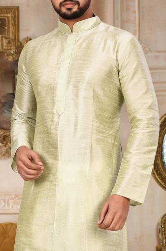 Sea green dupion art silk  kurta with machine dk work in collar and button line