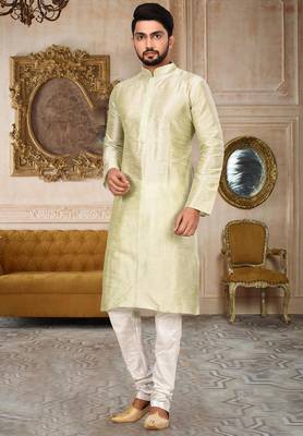 Sea green dupion art silk  kurta with machine dk work in collar and button line 4