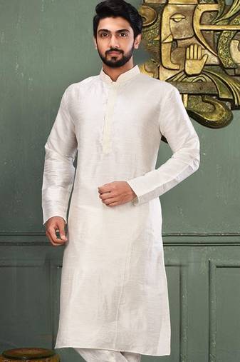 White dupion art silk kurta with machine dk work in collar and button line