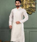 White dupion art silk kurta with machine dk work in collar and button line