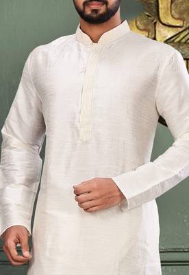 White dupion art silk kurta with machine dk work in collar and button line 2