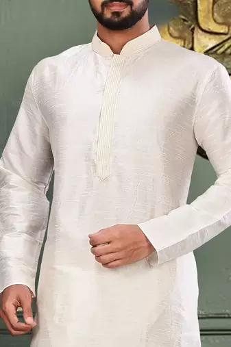 White dupion art silk kurta with machine dk work in collar and button line