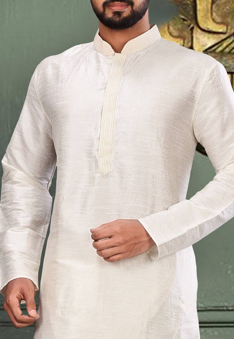 White dupion art silk kurta with machine dk work in collar and button line