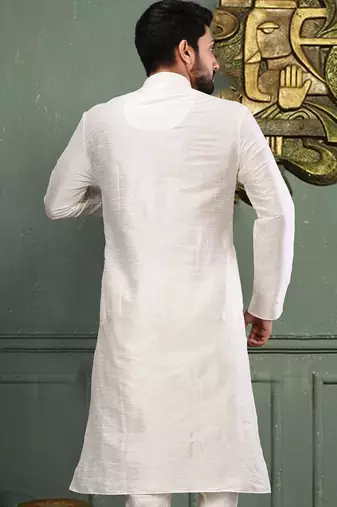 White dupion art silk kurta with machine dk work in collar and button line