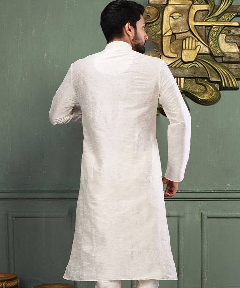 White dupion art silk kurta with machine dk work in collar and button line