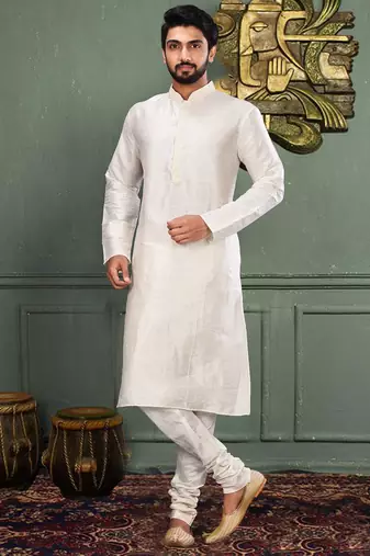 White dupion art silk kurta with machine dk work in collar and button line