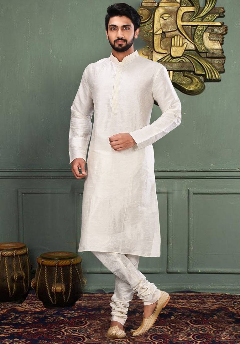 White dupion art silk kurta with machine dk work in collar and button line