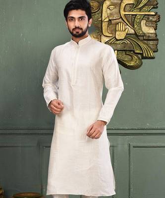 White dupion art silk kurta with machine dk work in collar and button line 1