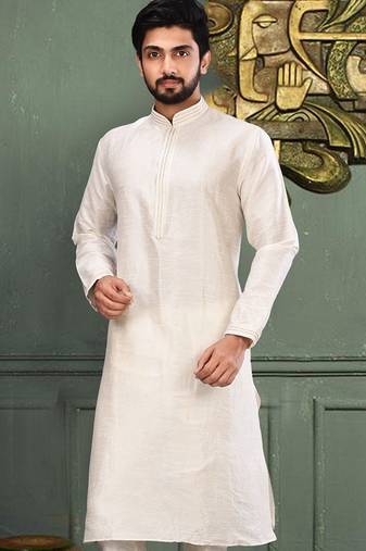 White dupion art silk kurta with machine dk work in collar and button line