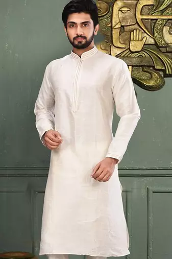 White dupion art silk kurta with machine dk work in collar and button line