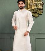 White dupion art silk kurta with machine dk work in collar and button line