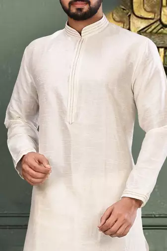 White dupion art silk kurta with machine dk work in collar and button line