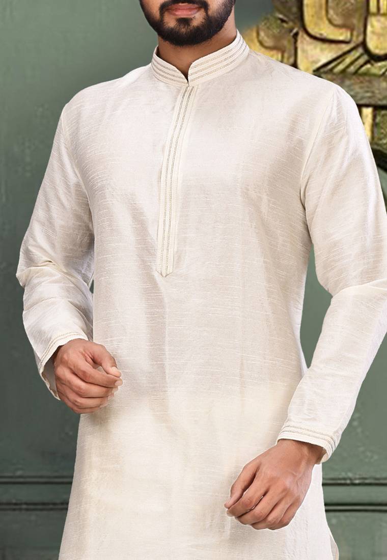 White dupion art silk kurta with machine dk work in collar and button line