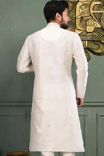 White dupion art silk kurta with machine dk work in collar and button line