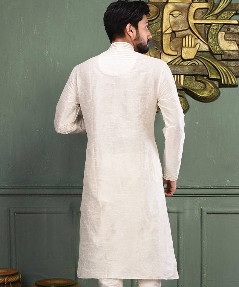 White dupion art silk kurta with machine dk work in collar and button line