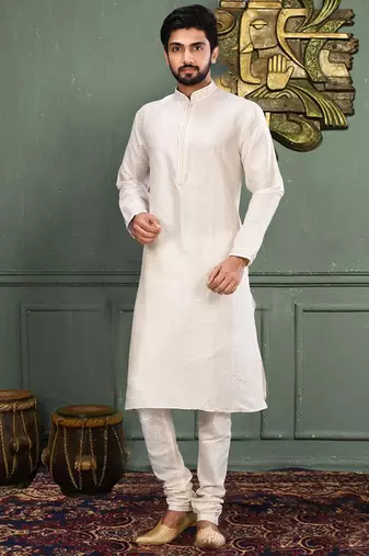 White dupion art silk kurta with machine dk work in collar and button line