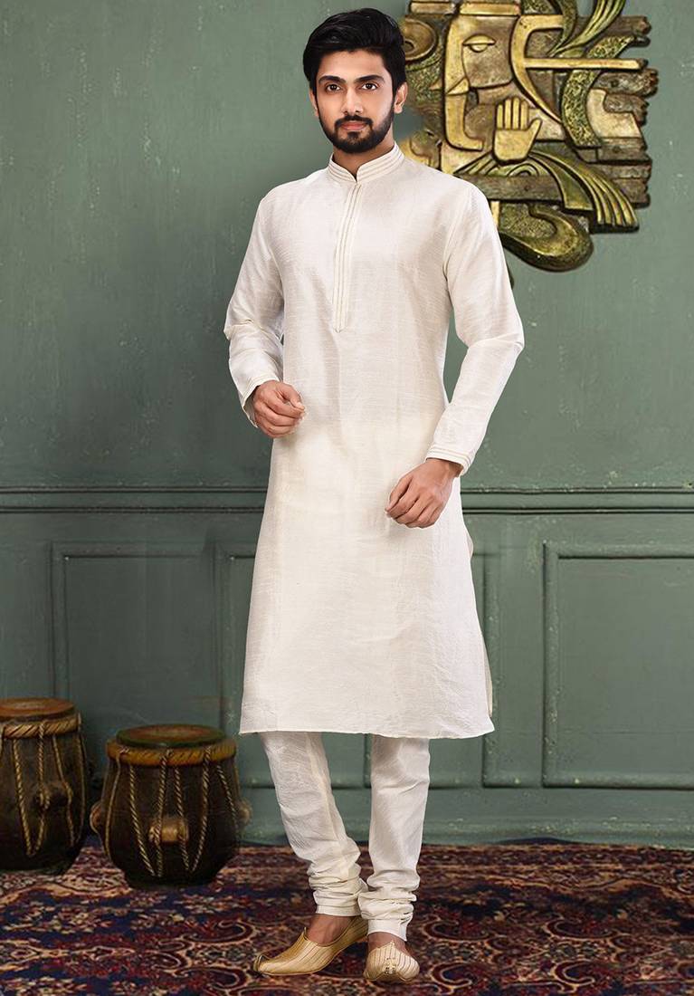 White dupion art silk kurta with machine dk work in collar and button line